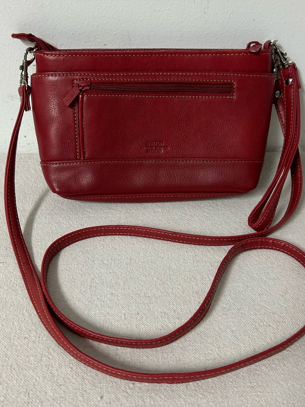 Buxton Purse Red Leather Top Zip Pockets Shoulder Strap Wrist Strap Bag Wristlet